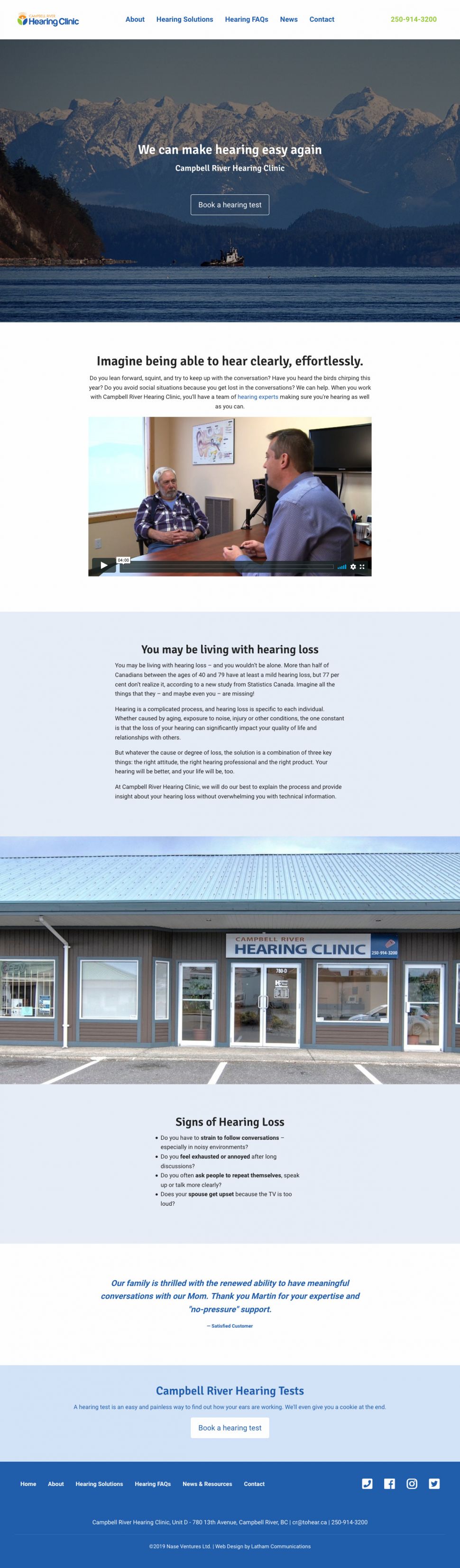 Screenshot of Campbell River Hearing Clinic website home page.