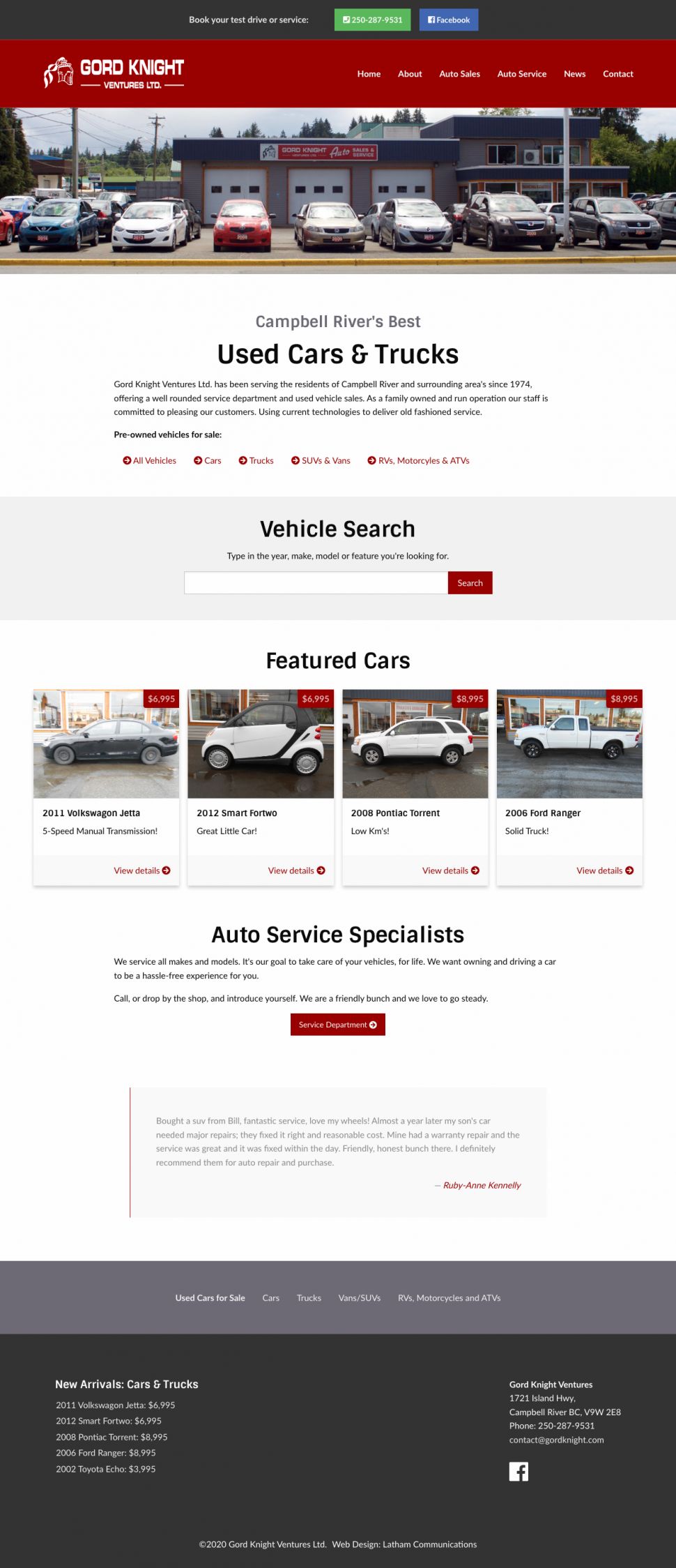 Screenshot of Gord Knight Auto Sales & Service website home page.