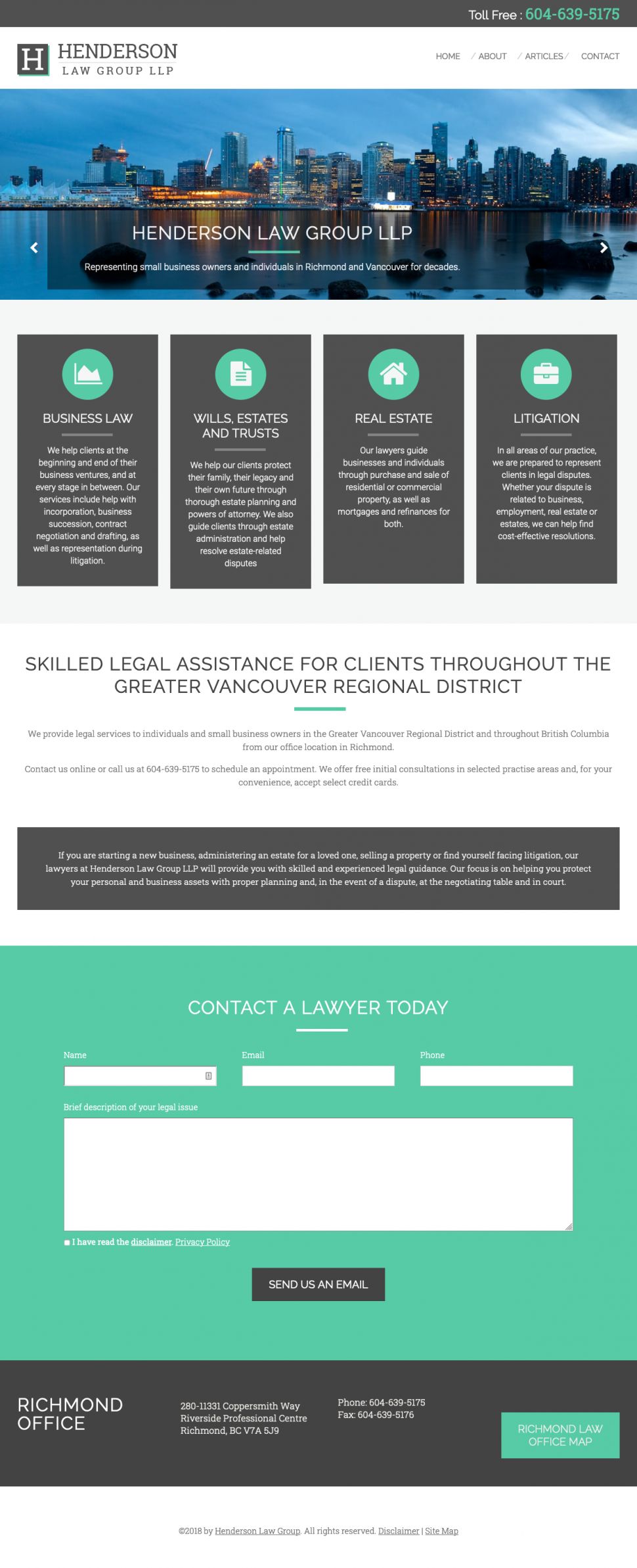 Screenshot of Henderson Law Group website home page.