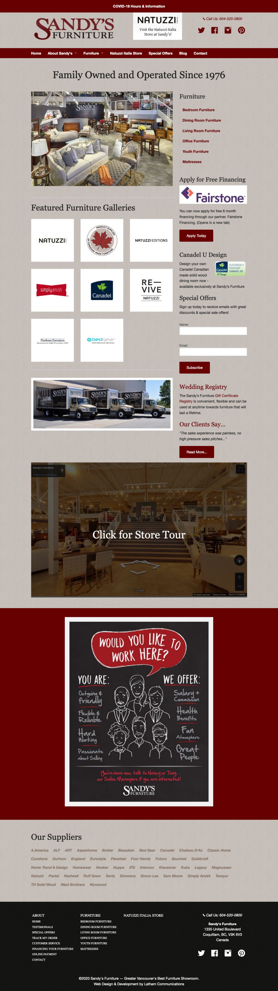 Screenshot of Sandy's Furniture website home page.